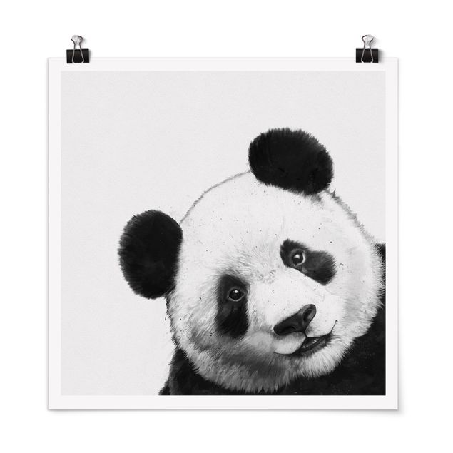 Poster - Illustration Panda Schwarz Weiß Malerei - Quadrat 1:1