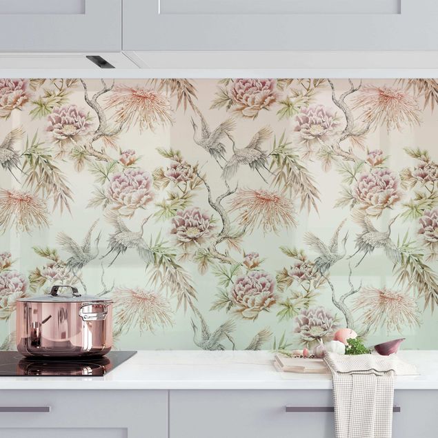 Küchenrückwände Platte Aquarell Vögel mit großen Blüten in Ombre II