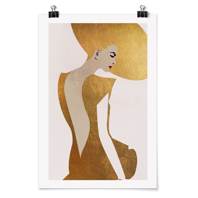 Poster - Dame mit Hut in Gold - Hochformat 3:2