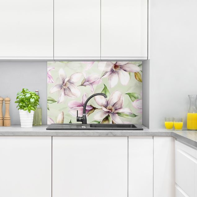 Küchenrückwand Glas Muster Magnolien Illustration auf Mint