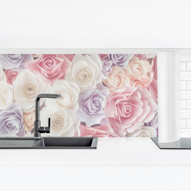Glasrückwand Küche Blumen Pastell Paper Art Rosen