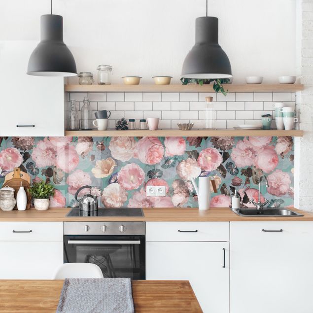 Küchenrückwand Folie Blumen Pastell Rosentraum auf Blau