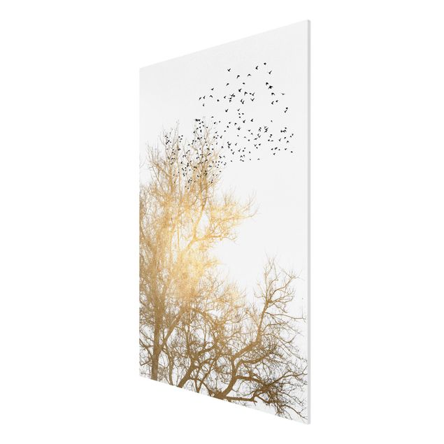 Wandbilder Vogelschwarm vor goldenem Baum