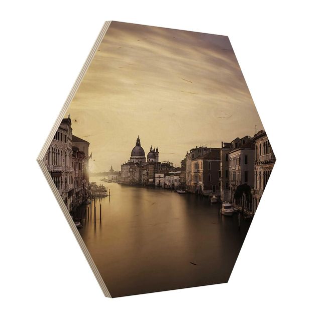 Hexagon Bild Holz - Abendstimmung in Venedig