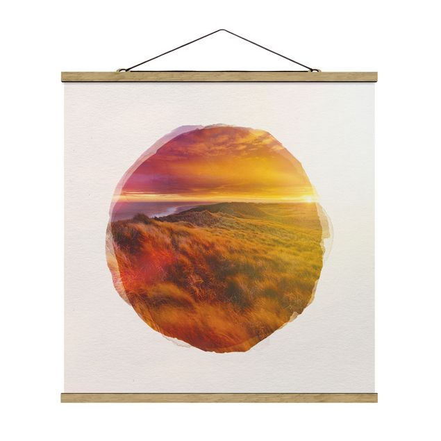 Stoffbild mit Posterleisten - Wasserfarben - Sonnenaufgang am Strand auf Sylt - Quadrat 1:1