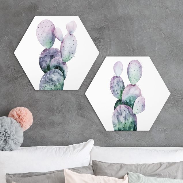 Hexagon Bild Forex 2-teilig - Kaktus in Lila Set I