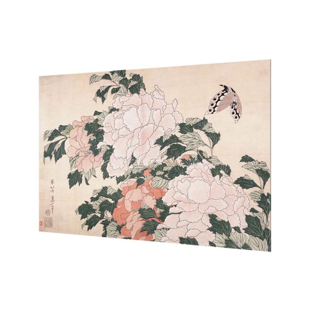 Kunstdrucke Katsushika Hokusai - Rosa Pfingstrosen mit Schmetterling