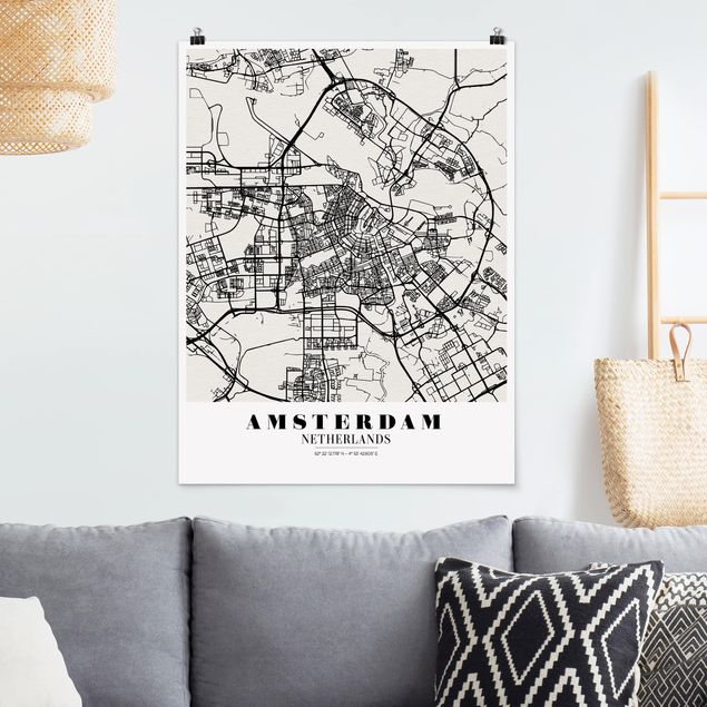 Poster Schwarz-Weiß Stadtplan Amsterdam - Klassik