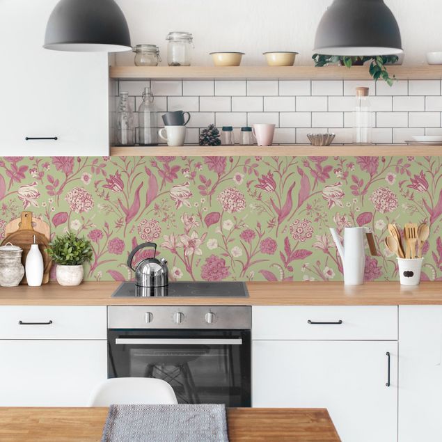 Küchenrückwand Glas Motiv Blumen Blumentanz in Mint-Grün und Rosa Pastell