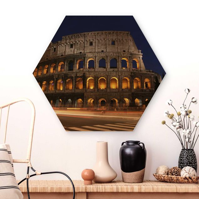 Moderne Holzbilder Colosseum in Rom bei Nacht
