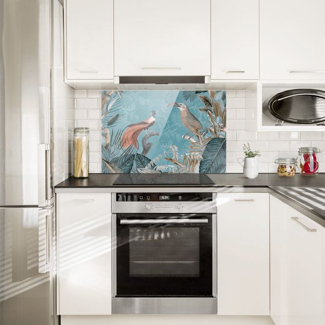 Küchenrückwand Glas Motiv Blumen Vintage Collage - Paradiesvögel