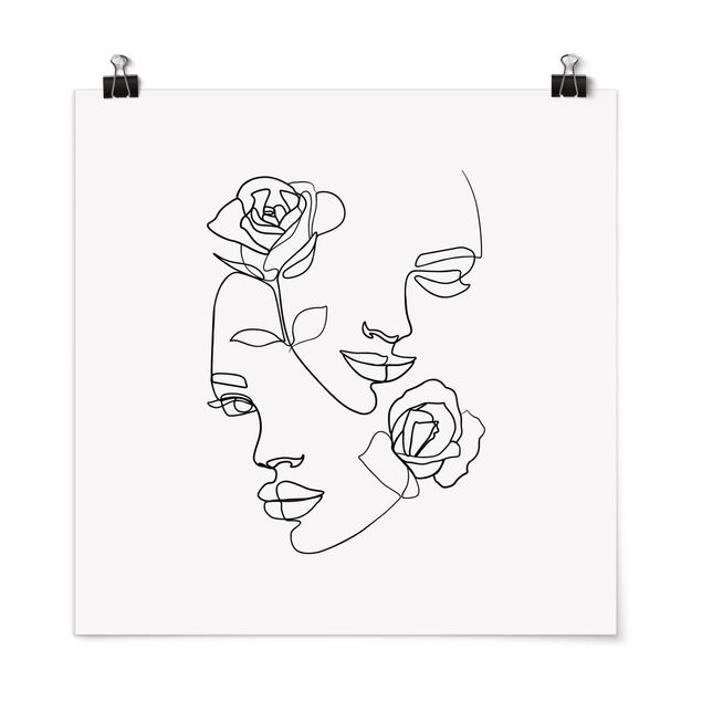 Poster - Line Art Gesichter Frauen Rosen Schwarz Weiß - Quadrat 1:1