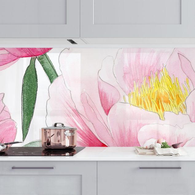 Küchenrückwände Platte Zeichnung Rosa Päonien I