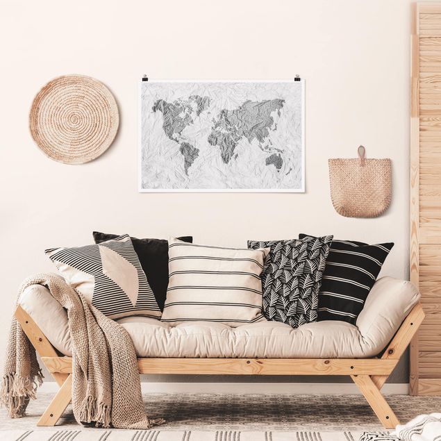 Weltkarte Wandposter Papier Weltkarte Weiß Grau