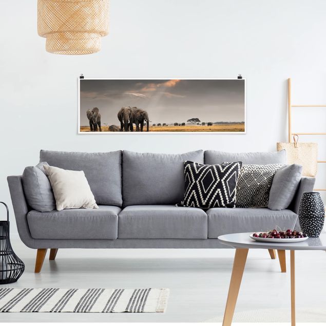 Poster Landschaft Elefanten der Savanne