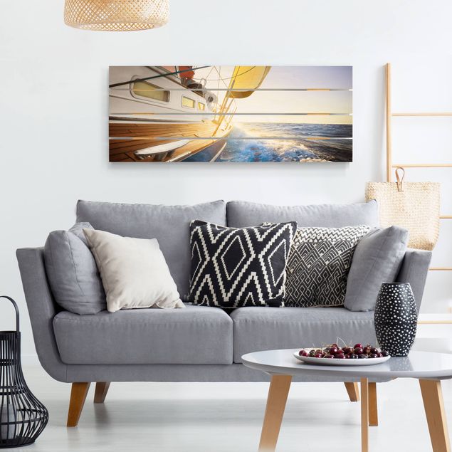 Holzbilder modern Segelboot auf blauem Meer bei Sonnenschein