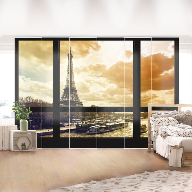 Schiebegardinen 2er Set Fensterblick - Paris Eiffelturm Sonnenuntergang