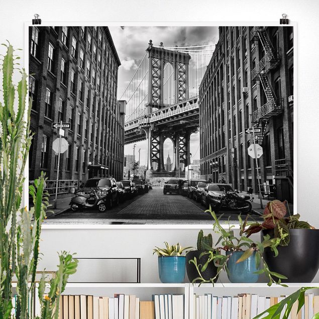 Poster Schwarz Weiß Querformat Manhattan Bridge in America