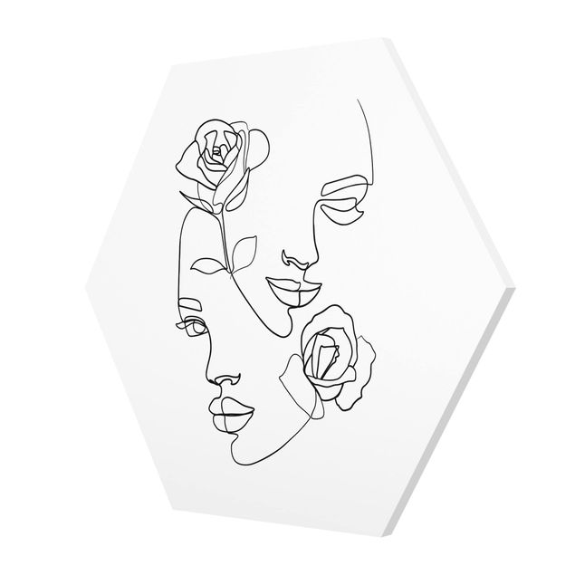 Hexagon Bild Forex - Line Art Gesichter Frauen Rosen Schwarz Weiß
