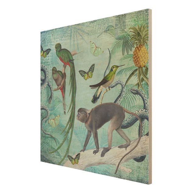 Holzbilder Colonial Style Collage - Äffchen und Paradiesvögel
