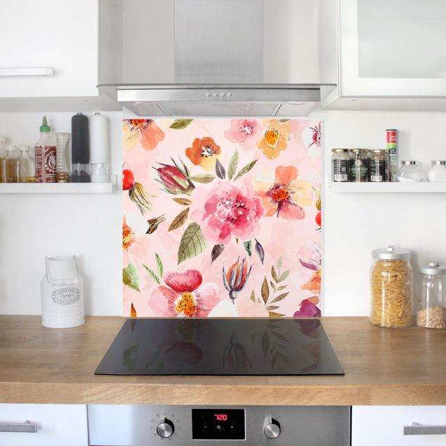 Muster Küchenrückwand Glas Aquarellierte Blumen auf Rosa