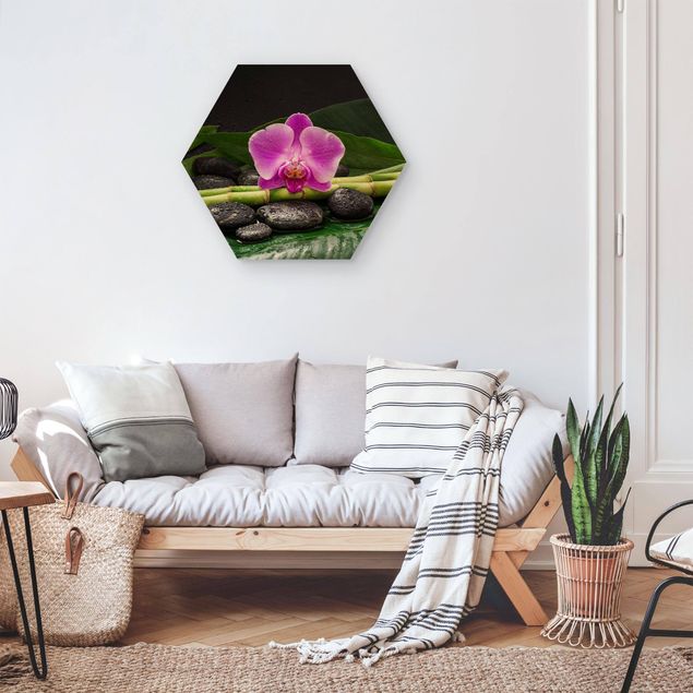 Hexagon Bilder Grüner Bambus mit Orchideenblüte