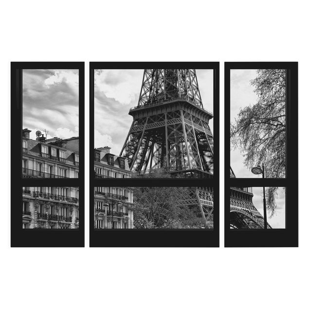Wandbilder Wohnzimmer modern Fensterausblick Paris - Nahe am Eiffelturm schwarz weiß