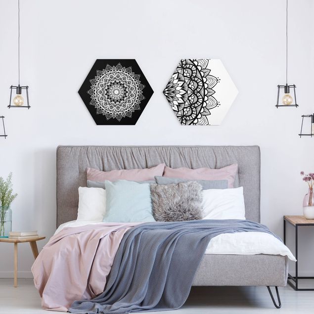 Hexagon Wandbilder Mandala Illustration shabby Set schwarz weiß