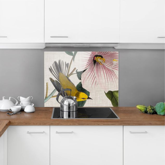 Küchenrückwand Glas Blumen Vogel auf Leinen Gelb I