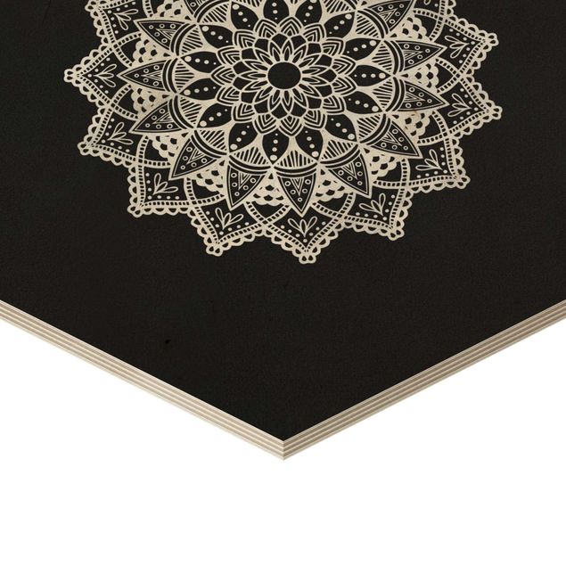 Hexagon Bild Holz 3-teilig - Mandala Hamsa Hand Lotus Set auf Schwarz