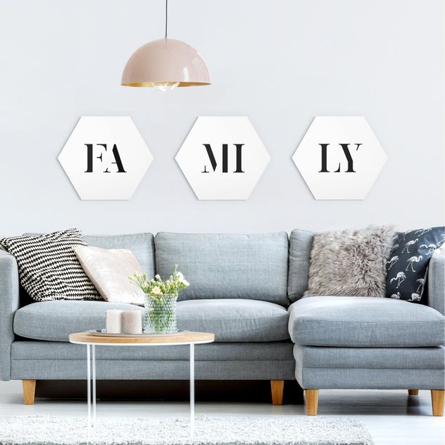 Hexagon Wandbilder Buchstaben FAMILY Schwarz Set I