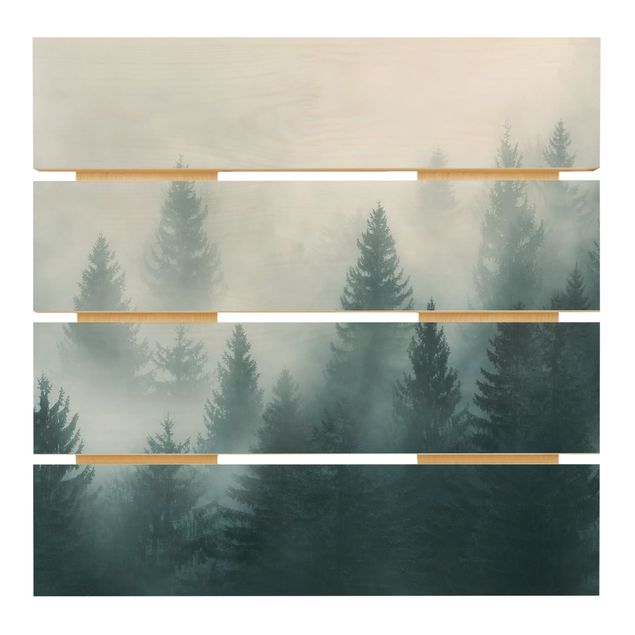 Holzbild - Nadelwald im Nebel - Quadrat 1:1