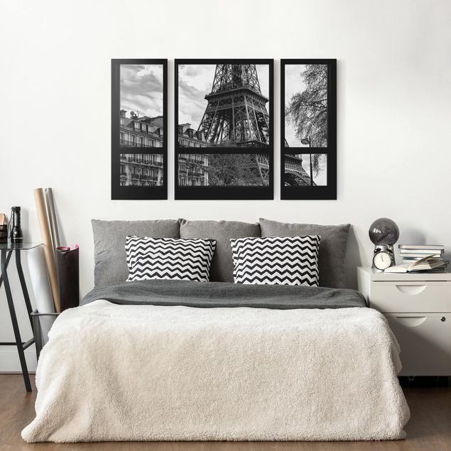 Kunstdrucke auf Leinwand Fensterausblick Paris - Nahe am Eiffelturm schwarz weiß