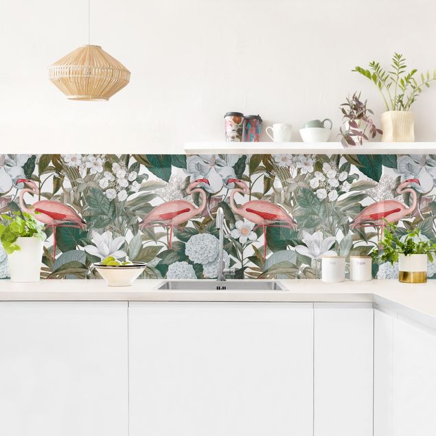 Küchenrückwand Muster Rosa Flamingos mit Blättern und weißen Blumen