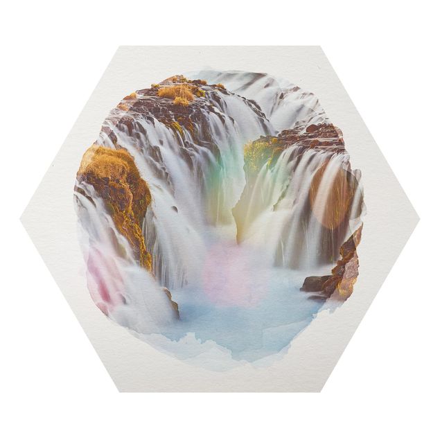 Hexagon Bild Alu-Dibond - Wasserfarben - Brúarfoss Wasserfall in Island
