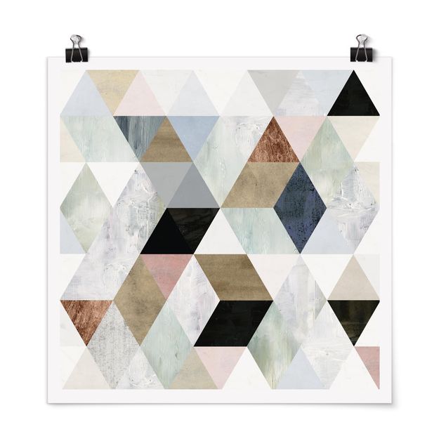 Poster - Aquarell-Mosaik mit Dreiecken II - Quadrat 1:1