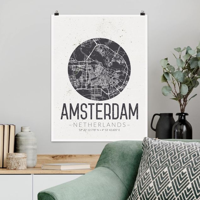 Poster Schwarz-Weiß Stadtplan Amsterdam - Retro