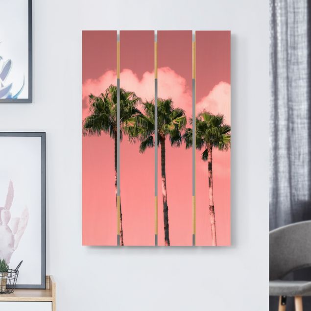 Holzbilder Natur Palmen vor Himmel Rosa
