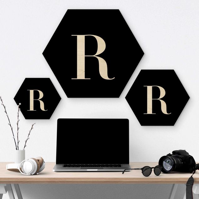 Hexagon Bild Holz - Buchstabe Serif Schwarz R
