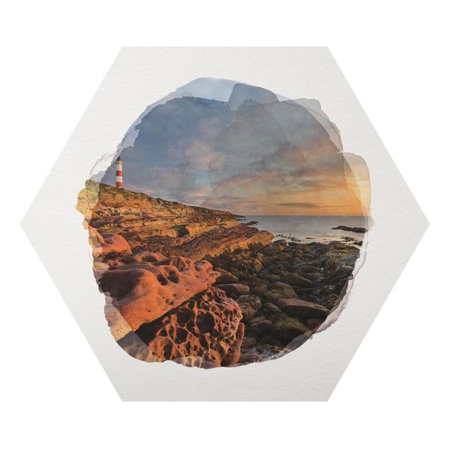 Hexagon Bild Alu-Dibond - Wasserfarben - Tarbat Ness Meer & Leuchtturm bei Sonnenuntergang
