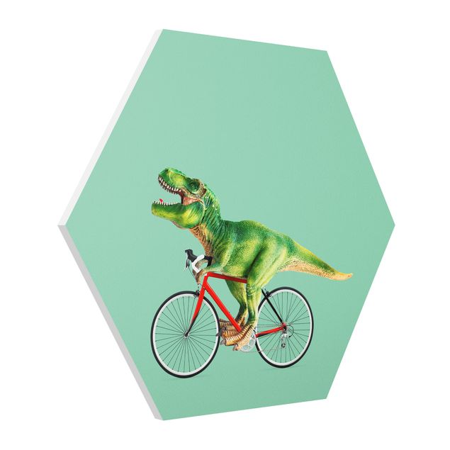 Hexagon Bilder Dinosaurier mit Fahrrad