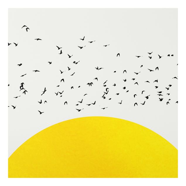 Bilder auf Hartschaumplatte Vogelschwarm vor gelber Sonne