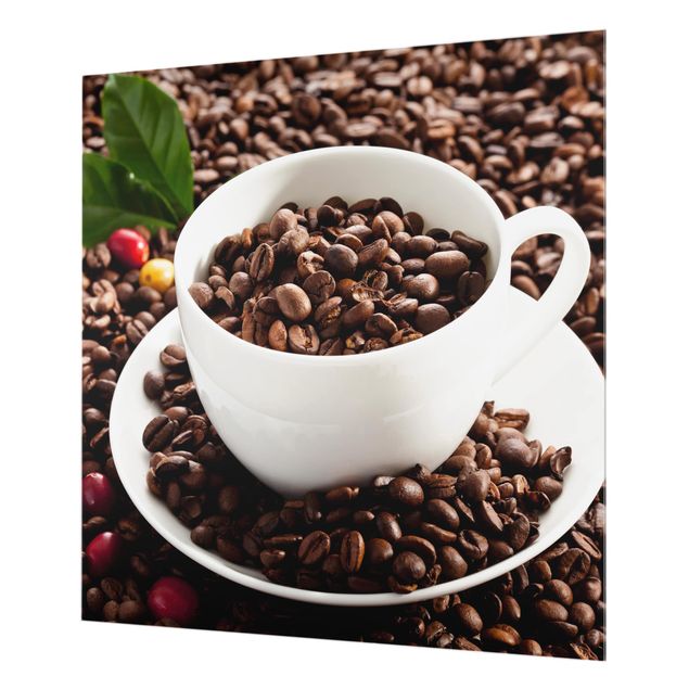 Glas Spritzschutz - Kaffeetasse mit gerösteten Kaffeebohnen - Quadrat - 1:1
