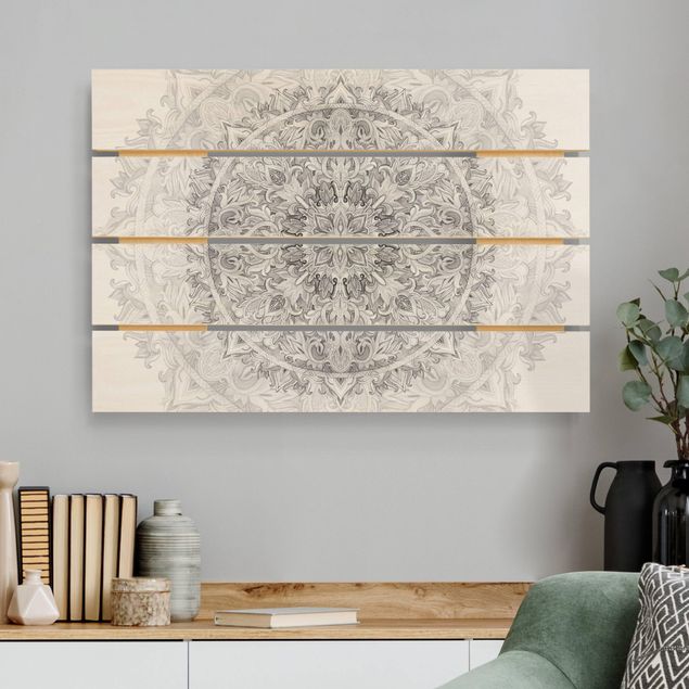 Moderne Holzbilder Mandala Aquarell Ornament Muster schwarz weiß
