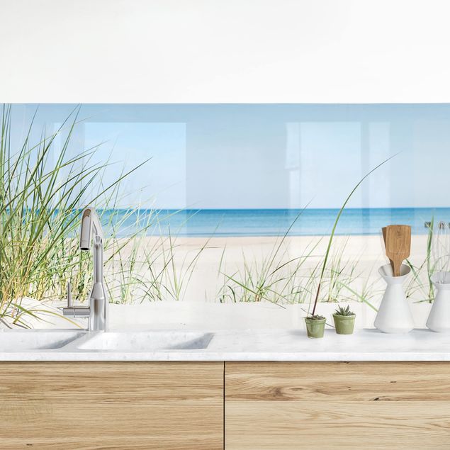 Wallario Küchenrückwand Glas 50x250cm Am Strand Sylt  Leuchtturm Düne  Panorama 