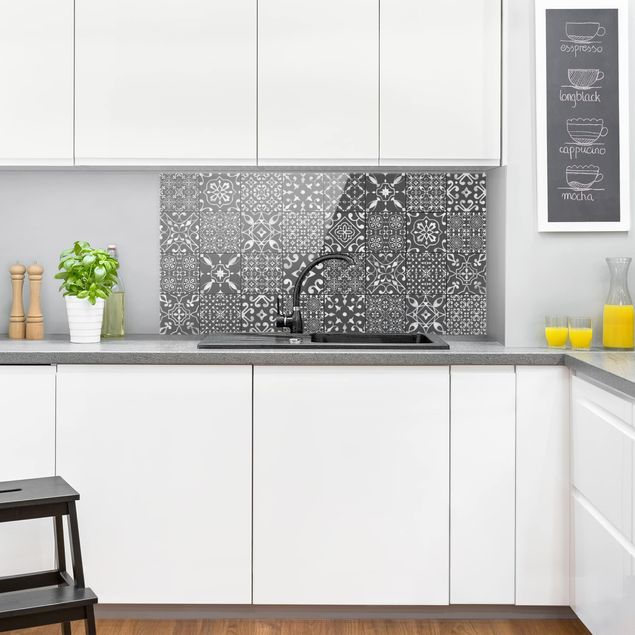 Küchenrückwand Glas Fliesenoptik Musterfliesen Dunkelgrau Weiß