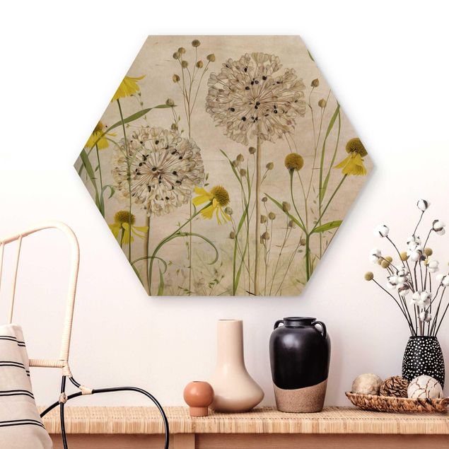 Wandbild Holz Vintage Allium und Helenium Illustration