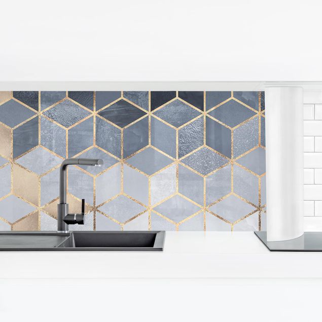 Küchenrückwand Muster Blau Weiß goldene Geometrie