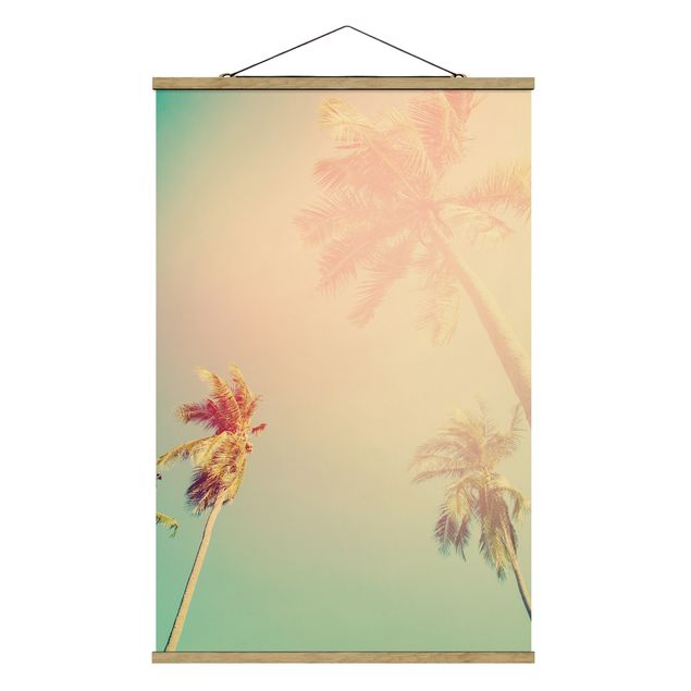 Stoffbild mit Posterleisten - Tropische Pflanzen Palmen bei Sonnenuntergang III - Hochformat 2:3