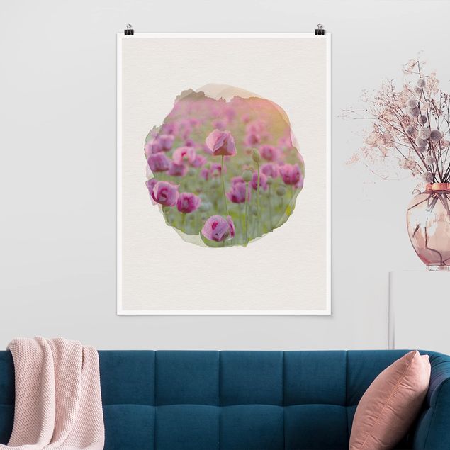 Blumen Poster Wasserfarben - Violette Schlafmohn Blumenwiese im Frühling
